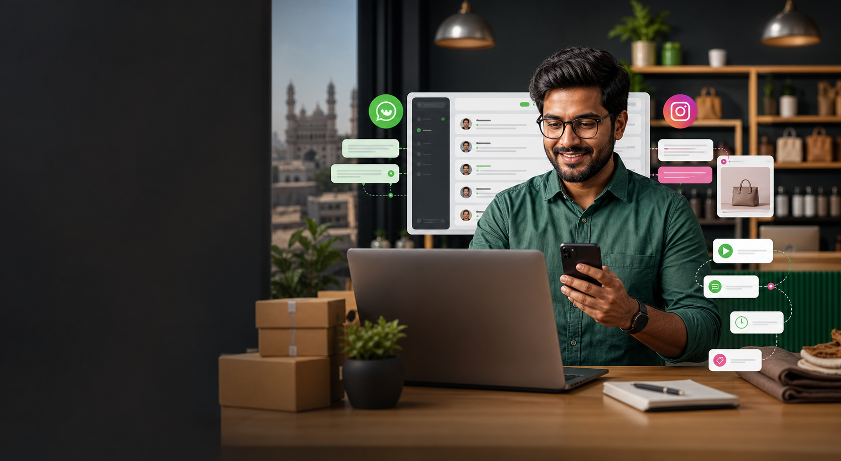 Indian business owner using WhatsApp and Instagram automation